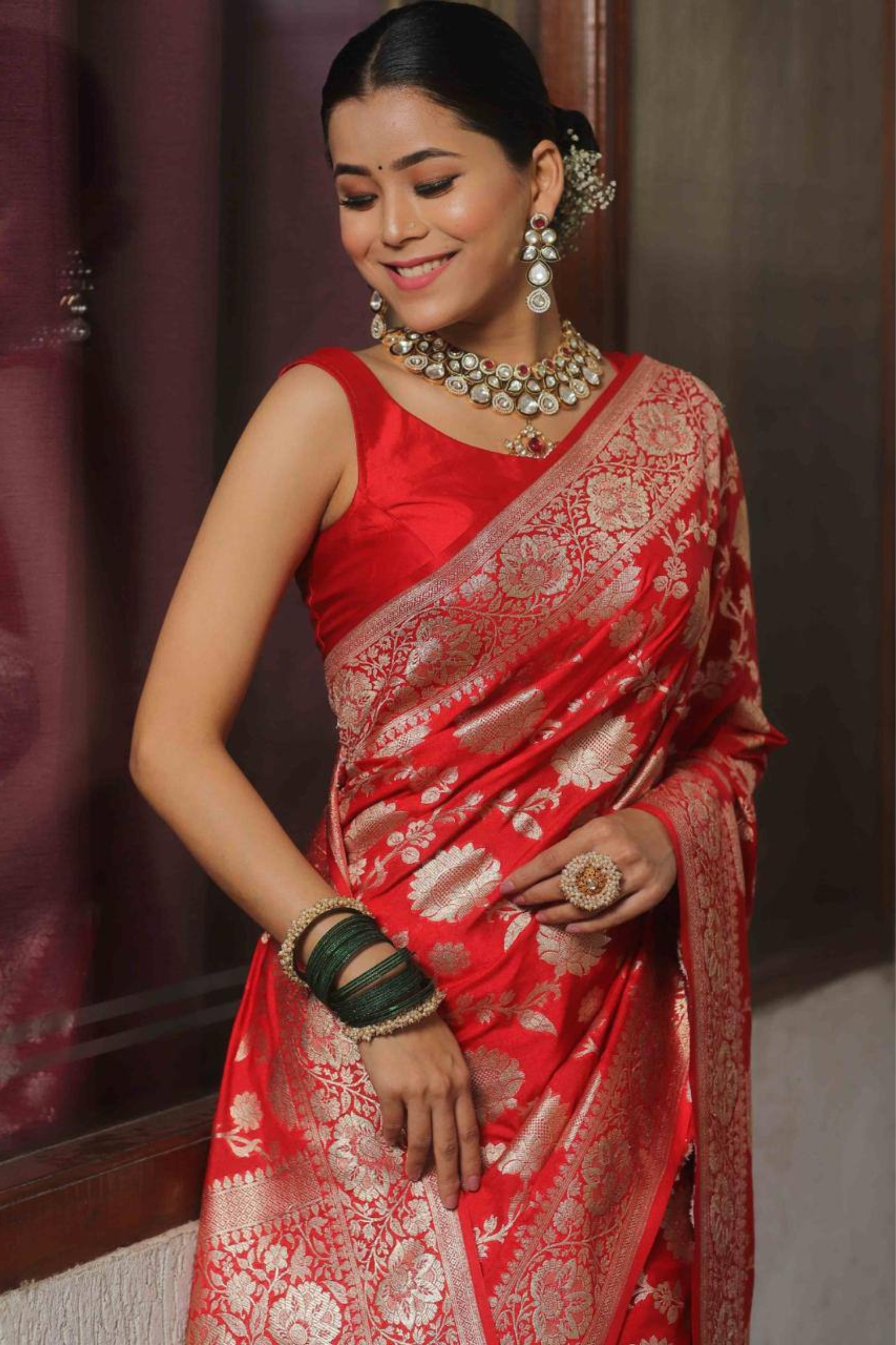 Burnished Sunbeam - Red Lichi Soft Silk Saree