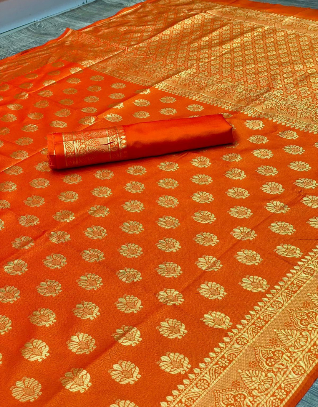 Gauri Orange Kanchipuram Silk Saree With Attached Blouse