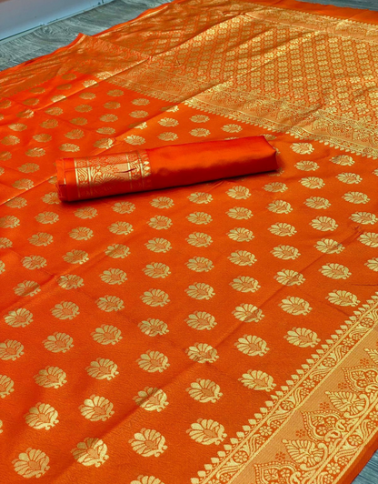 Gauri Orange Kanchipuram Silk Saree With Attached Blouse