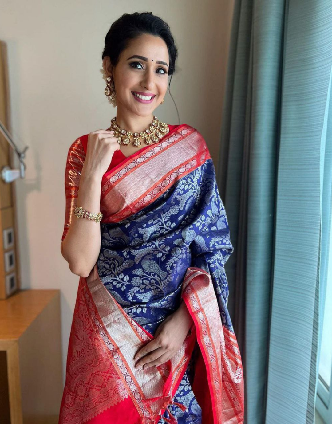 Kamya Blue-Red Kanchipuram Saree