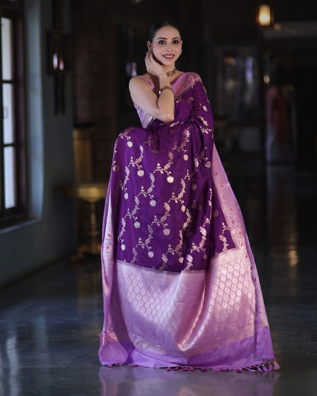 Bhavya - Royal Purple Banarasi Floral Saree