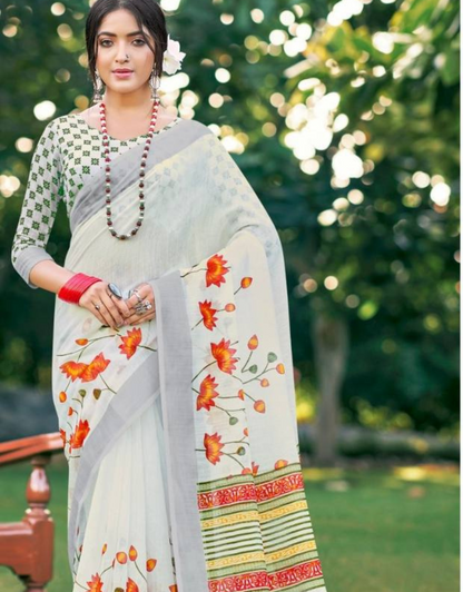 Jenni White Linen Silk Saree