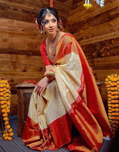 Durga Off White-Red Lichi Silk Saree