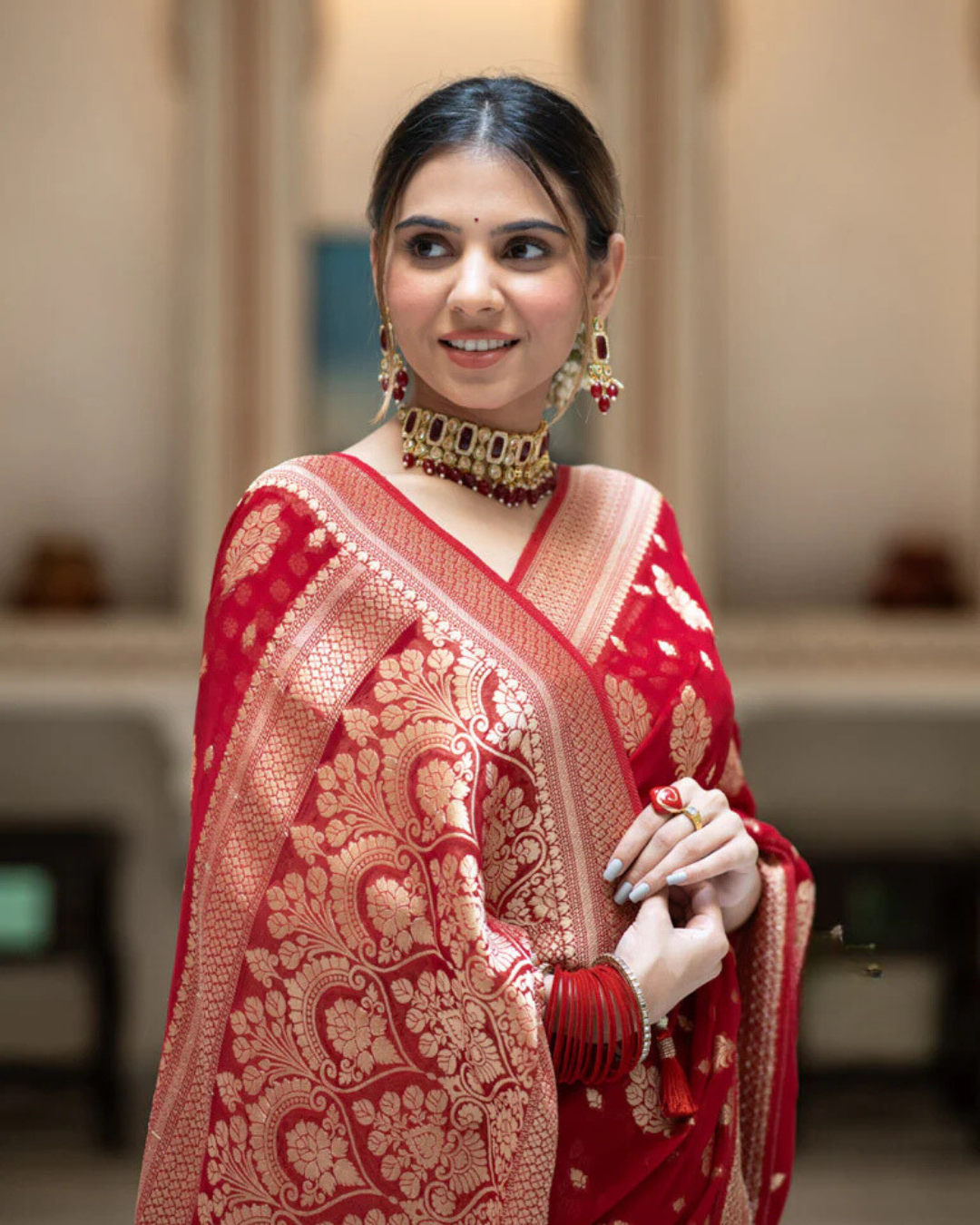 Sudha Red Banarasi Silk Saree  with Beautitude Blouse