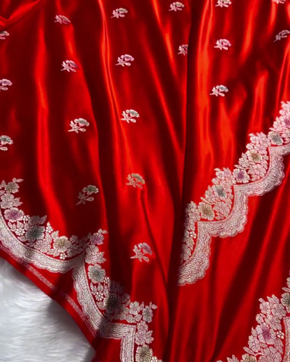 Vishwa - Rich Red Silk Saree With Silver Floral Border