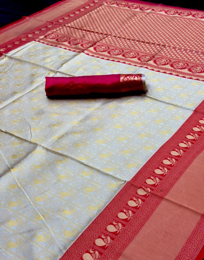 Durga Off White-Red Lichi Silk Saree