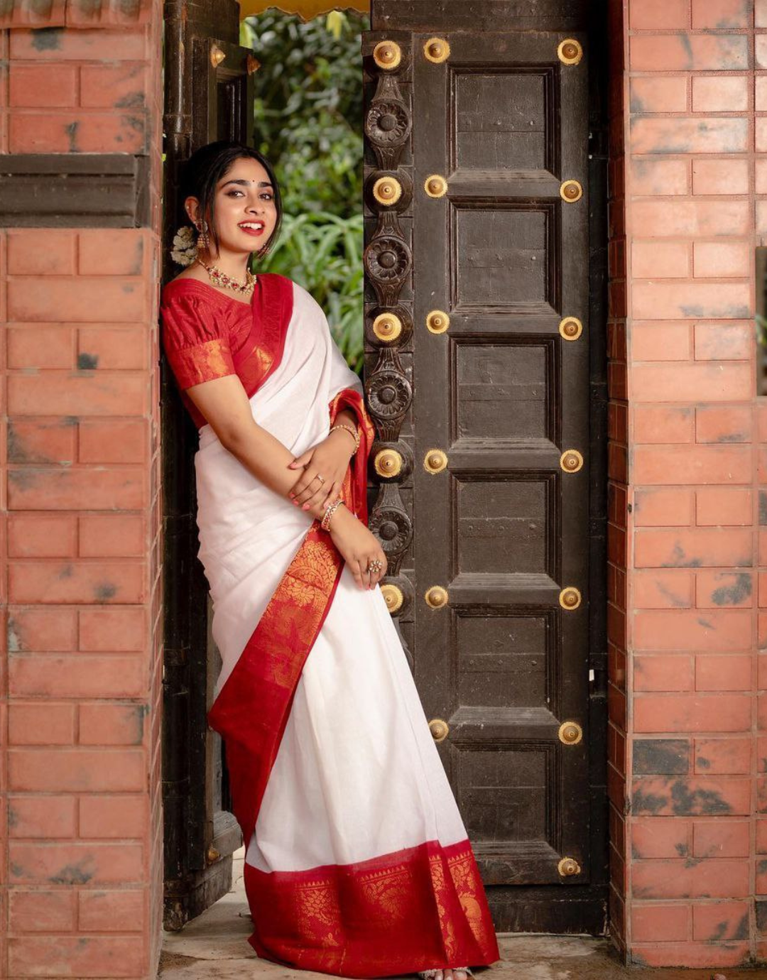 Janki White-Red Banarasi Silk Saree