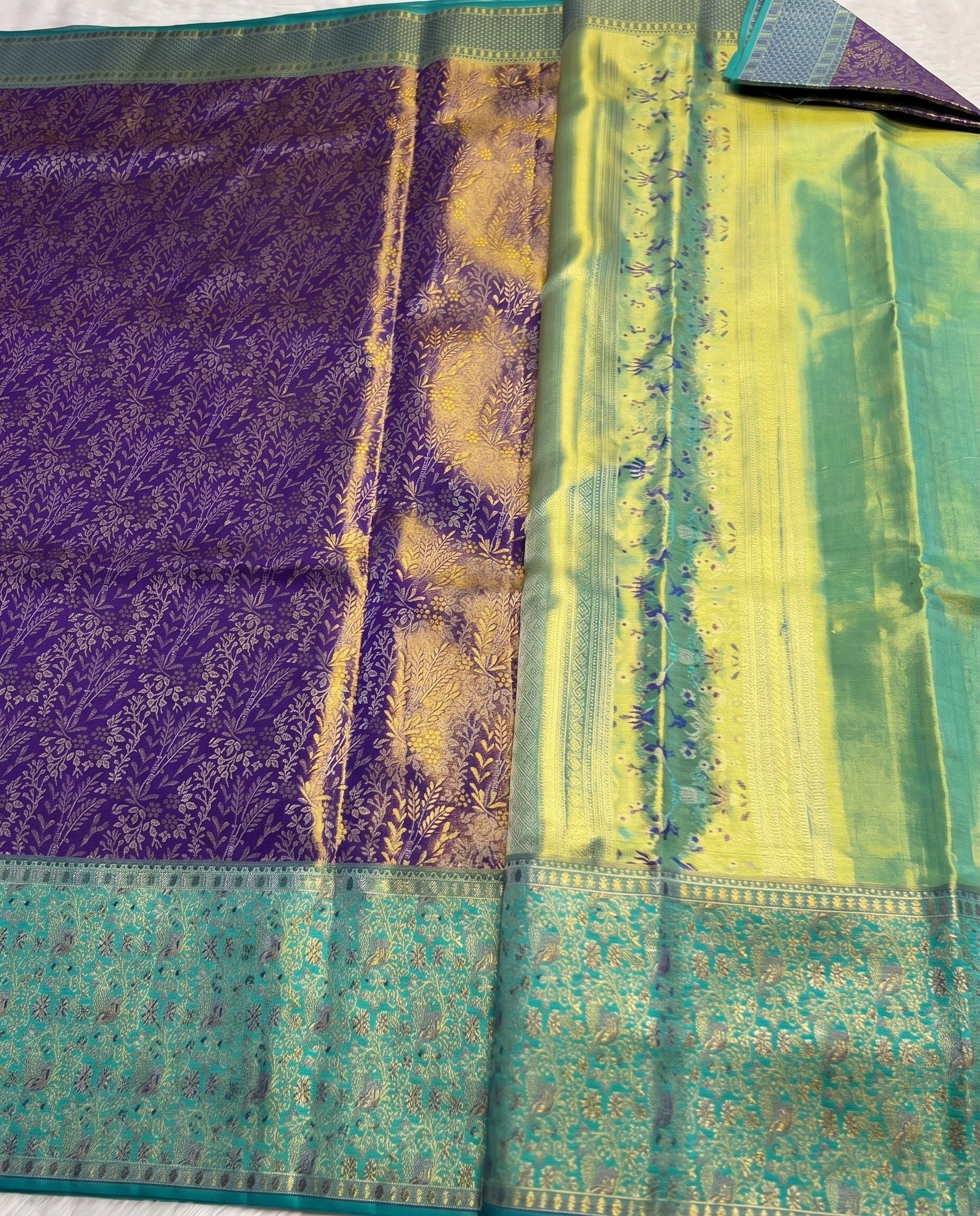 Kasturi - Purple Gold Floral Zari Kanchipuram Silk Saree