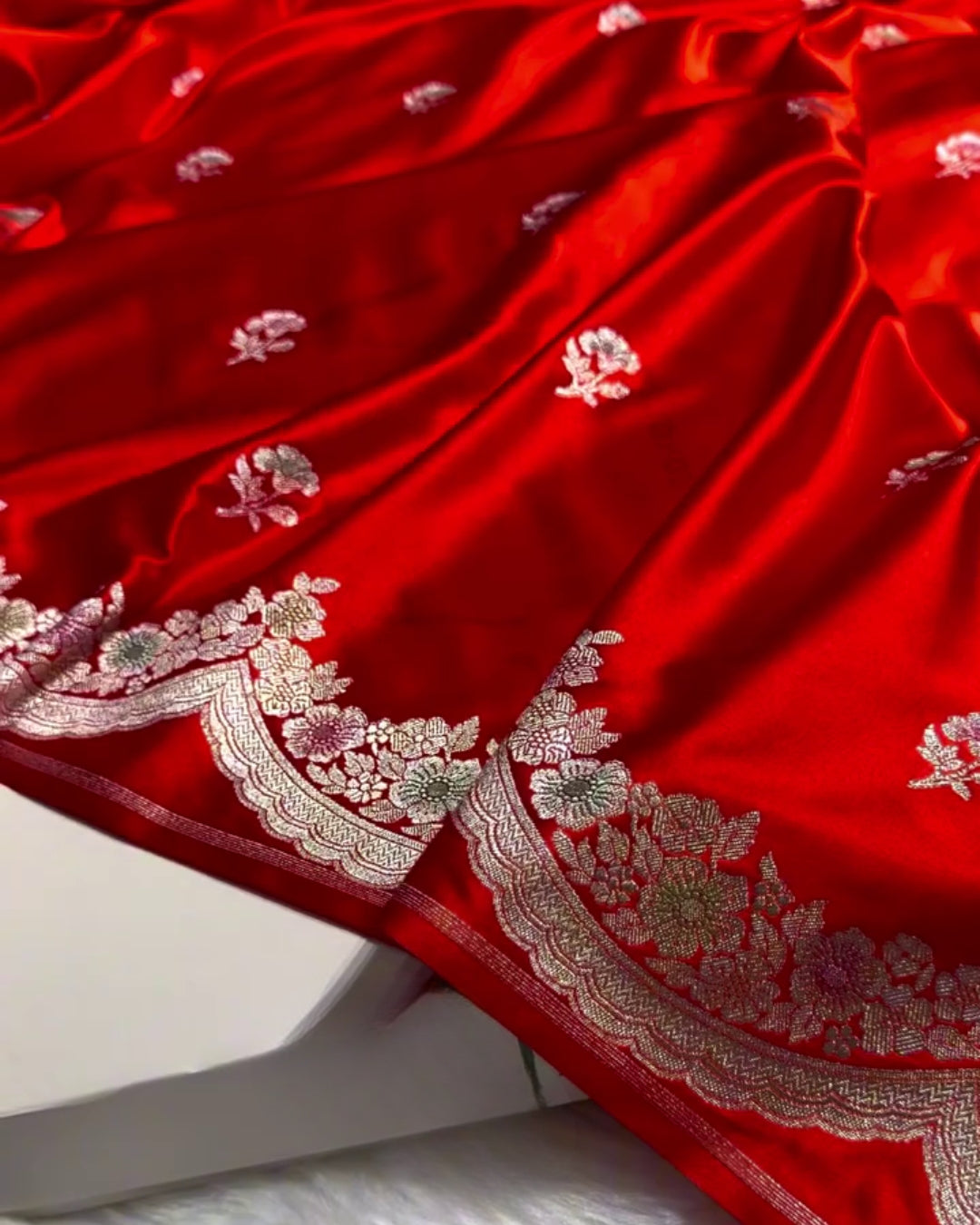 Vishwa - Rich Red Silk Saree With Silver Floral Border