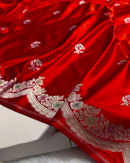 Vishwa - Rich Red Silk Saree With Silver Floral Border