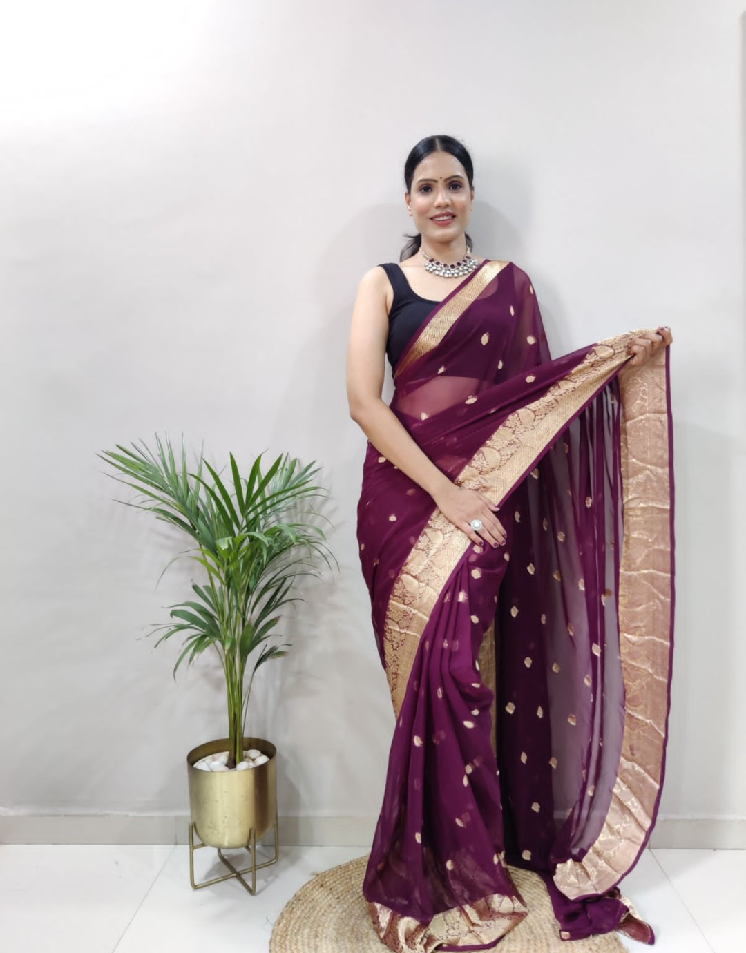 Natanshi Wine Soft Georgette Ready To Wear Saree