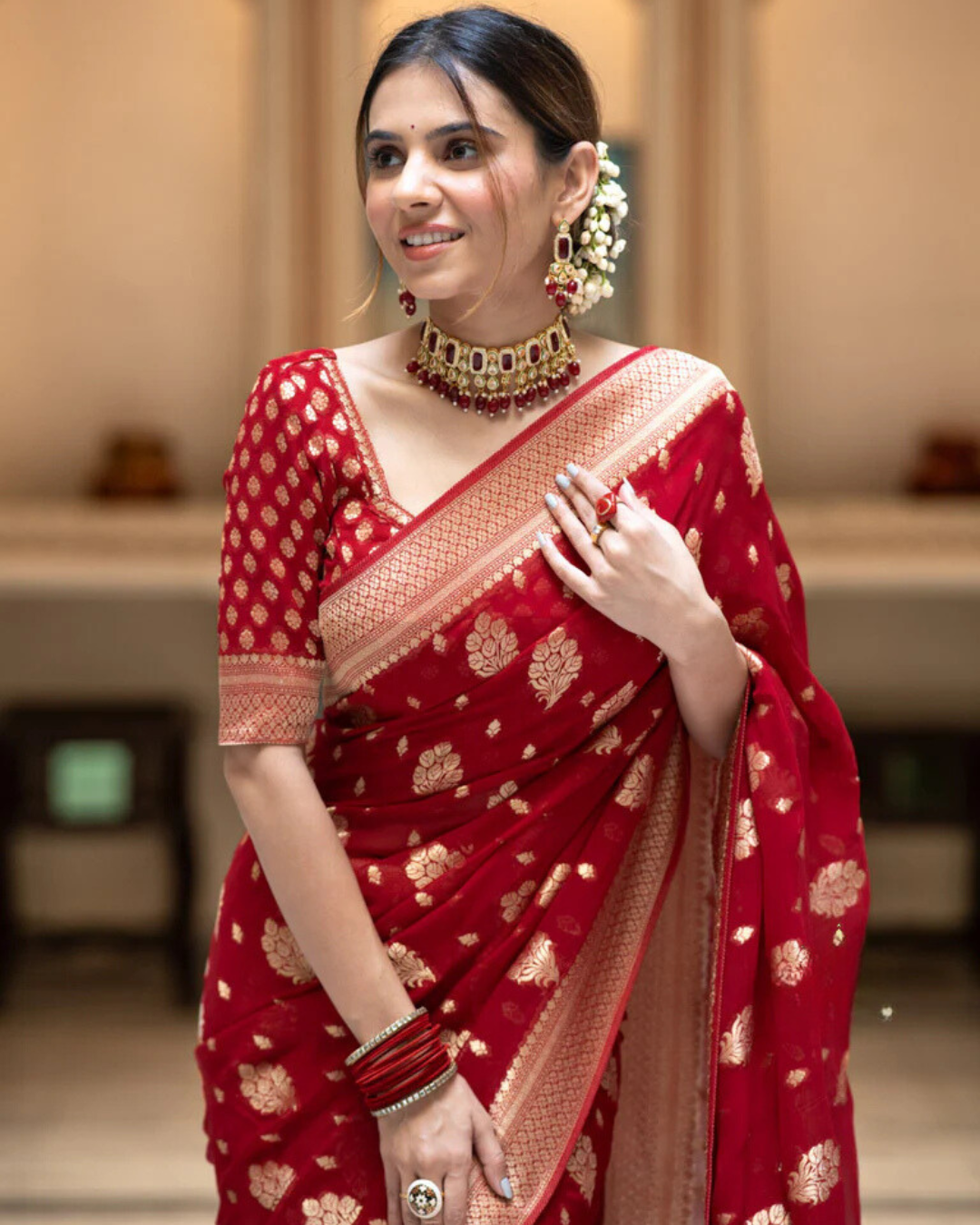 Sudha Red Banarasi Silk Saree  with Beautitude Blouse