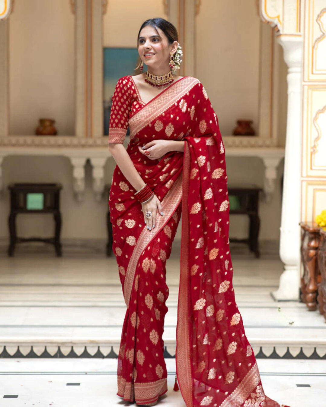 Sudha Red Banarasi Silk Saree  with Beautitude Blouse