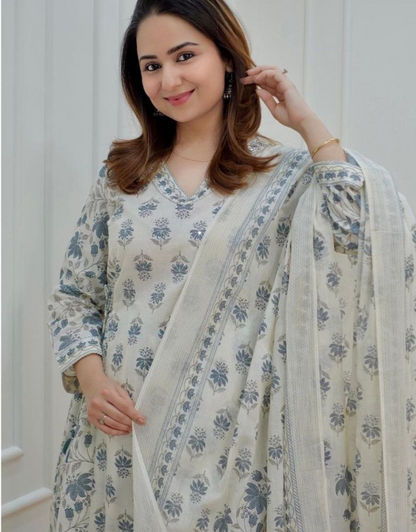 Vaani Pastel Blue Cotton Kurta Dupatta Pair