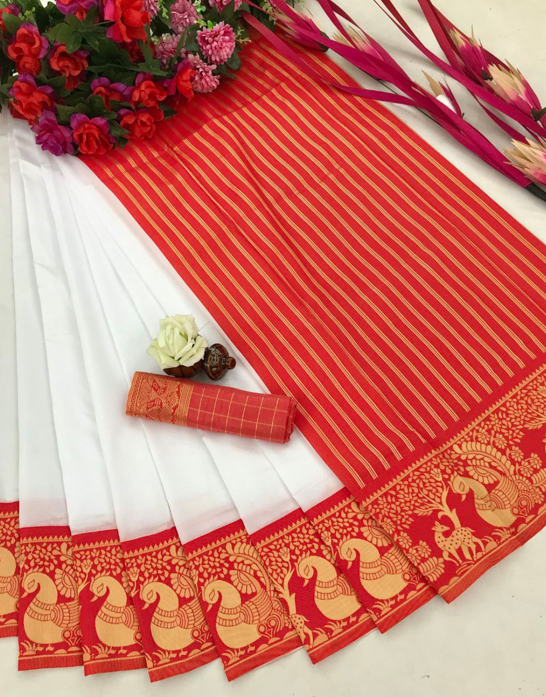 Janki White-Red Banarasi Silk Saree