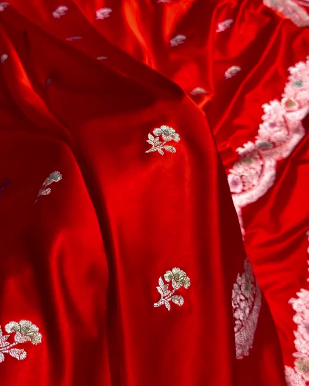 Vishwa - Rich Red Silk Saree With Silver Floral Border