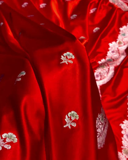 Vishwa - Rich Red Silk Saree With Silver Floral Border