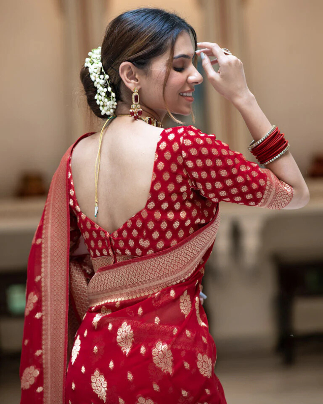 Sudha Red Banarasi Silk Saree  with Beautitude Blouse