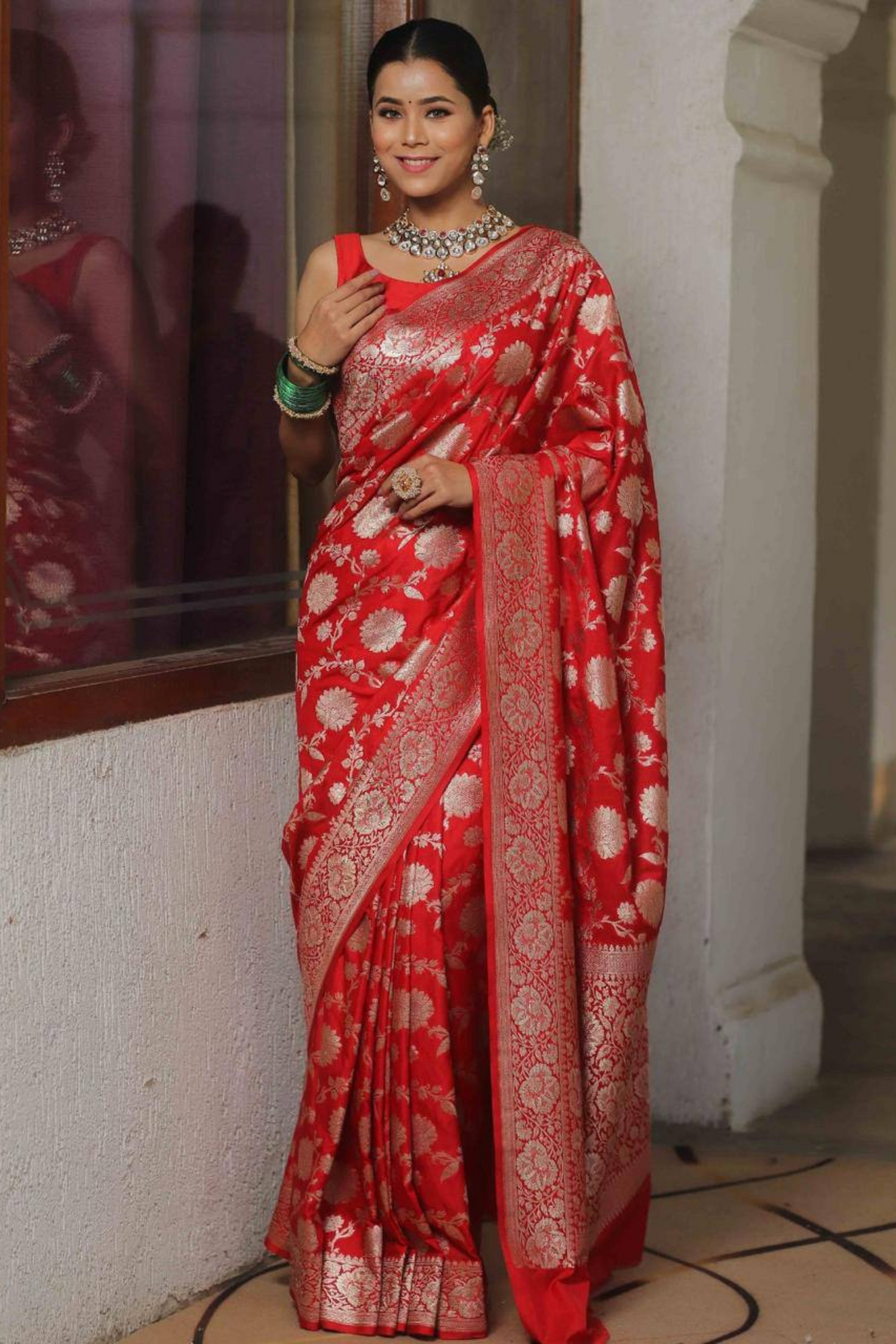 Burnished Sunbeam - Red Lichi Soft Silk Saree