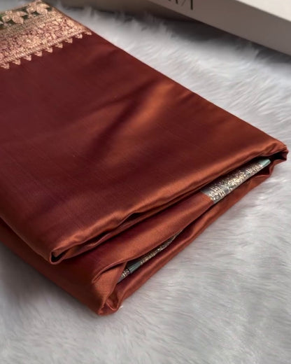 Devika - Rust Copper Teal Floral Zari Jacquard Saree