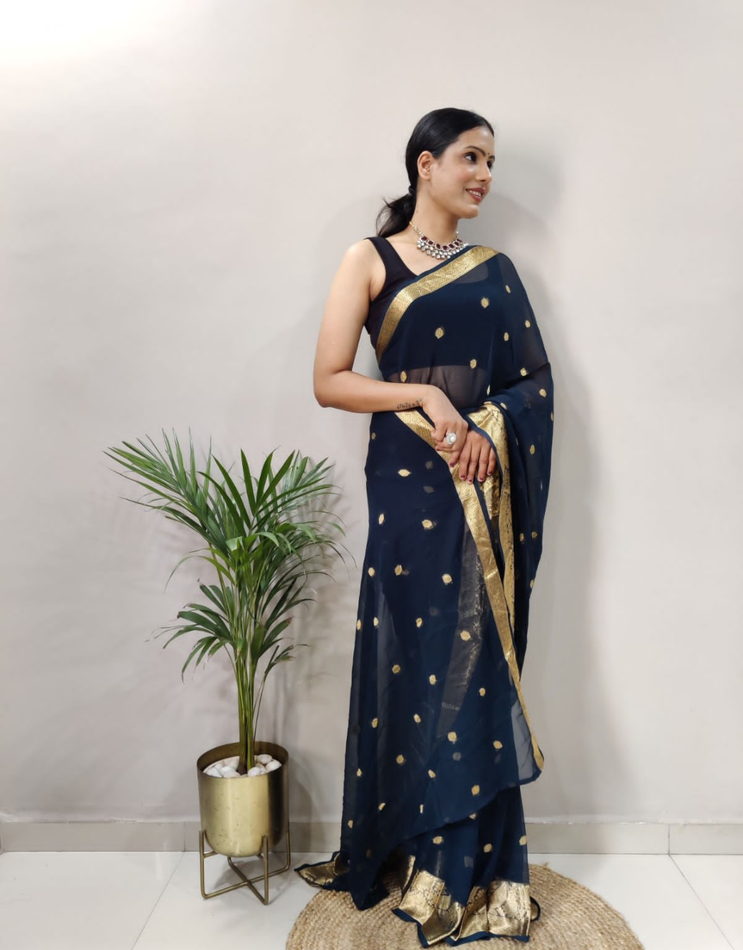 Natanshi Navy Blue Soft Georgette Ready To Wear Saree