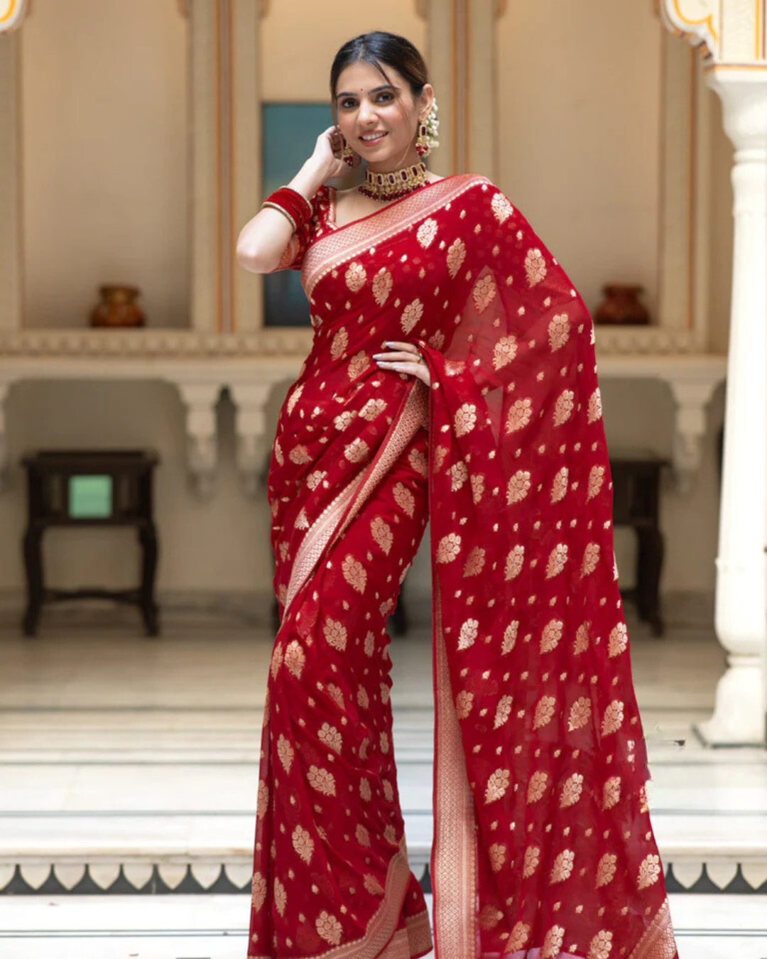 Sudha Red Banarasi Silk Saree  with Beautitude Blouse