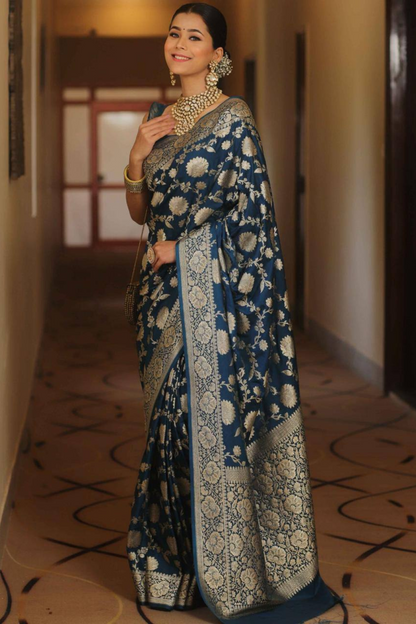 Burnished Sunbeam - Blue Lichi Soft Silk Saree