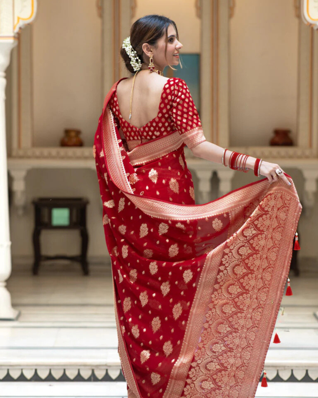 Sudha Red Banarasi Silk Saree  with Beautitude Blouse