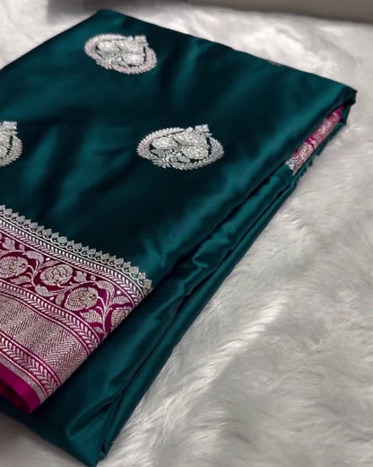 Yuvika - Regal Emerald Silver Banarasi Silk Saree
