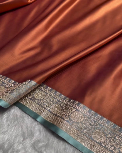 Devika - Rust Copper Teal Floral Zari Jacquard Saree