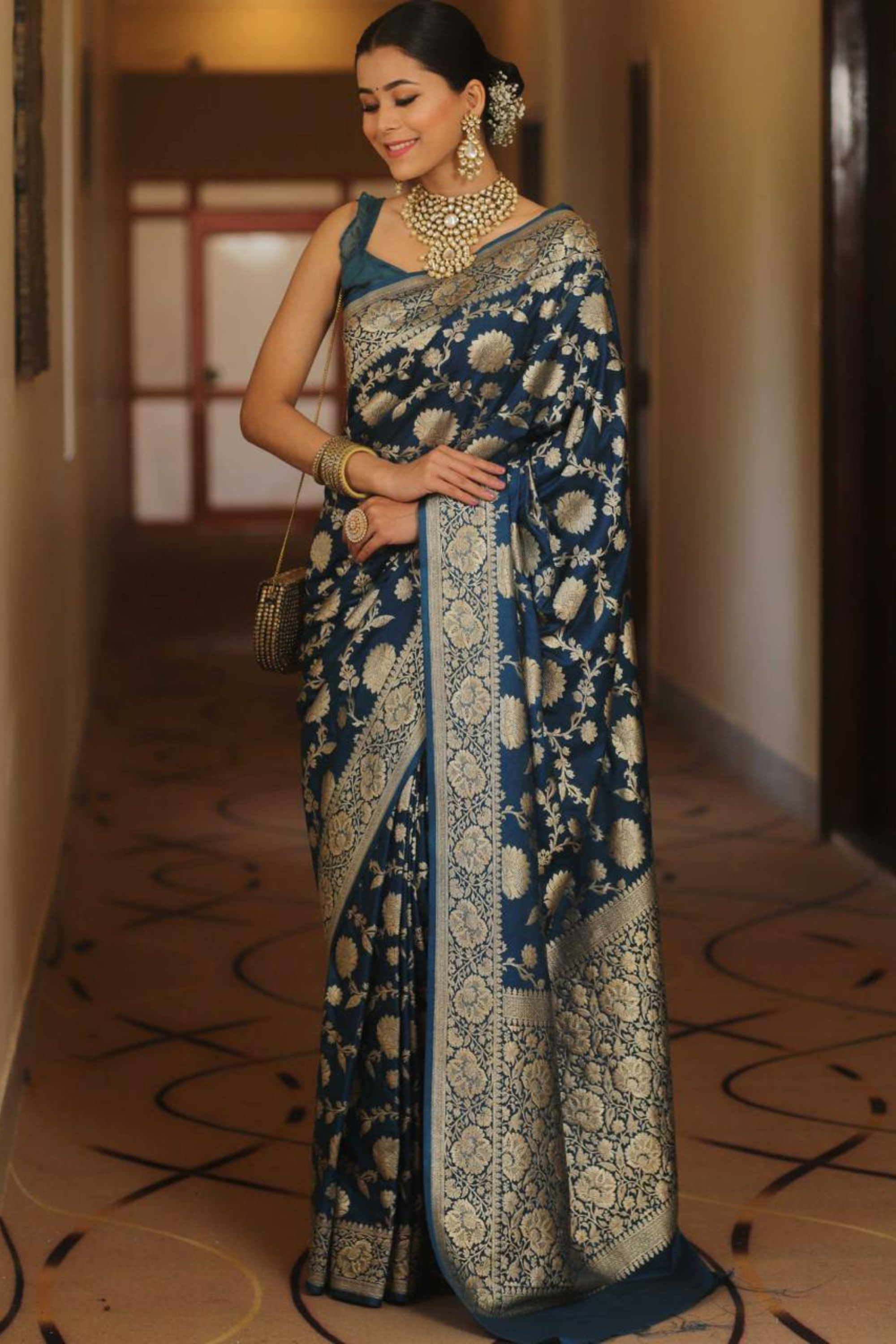 Burnished Sunbeam - Blue Lichi Soft Silk Saree