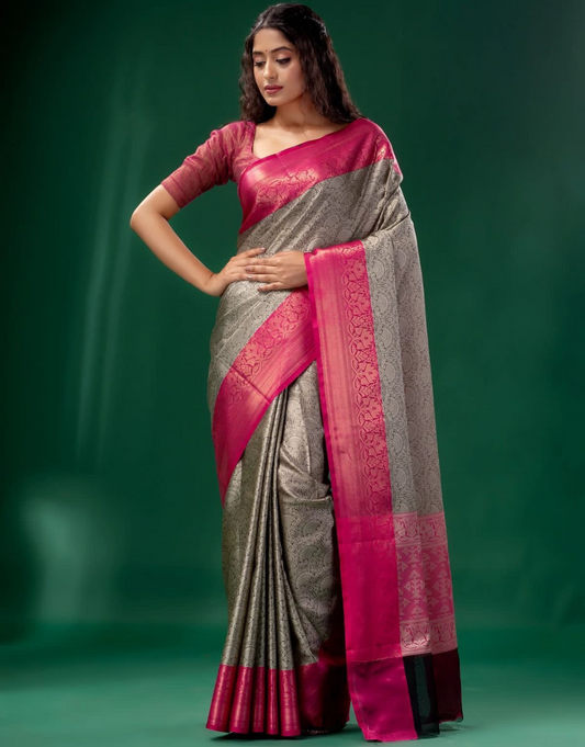 Radha Pink-Grey Lichi Silk Saree