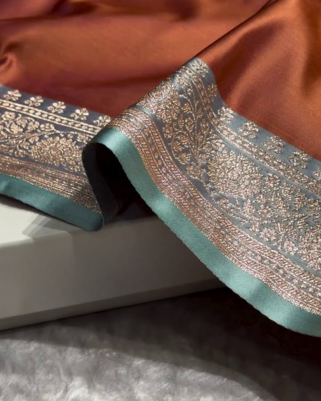 Devika - Rust Copper Teal Floral Zari Jacquard Saree