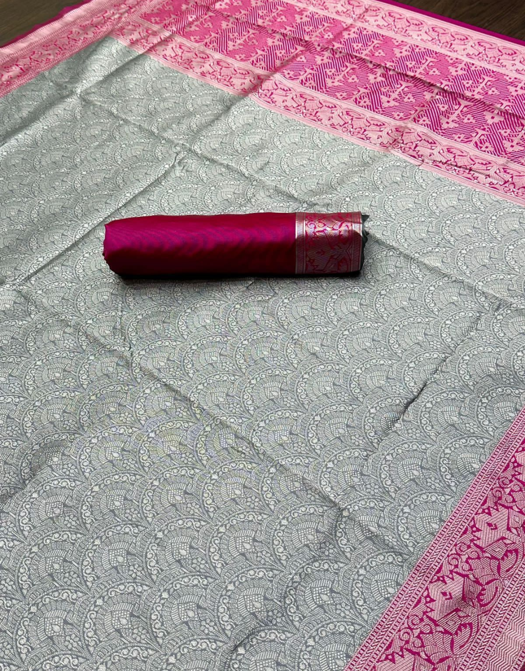 Radha Pink-Grey Lichi Silk Saree