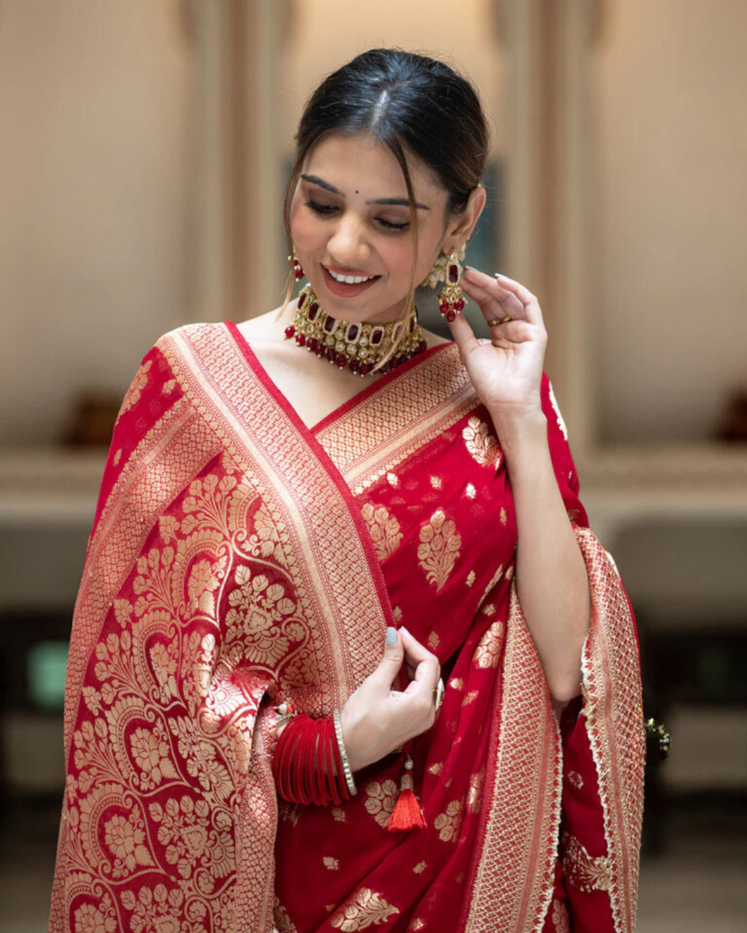 Sudha Red Banarasi Silk Saree  with Beautitude Blouse