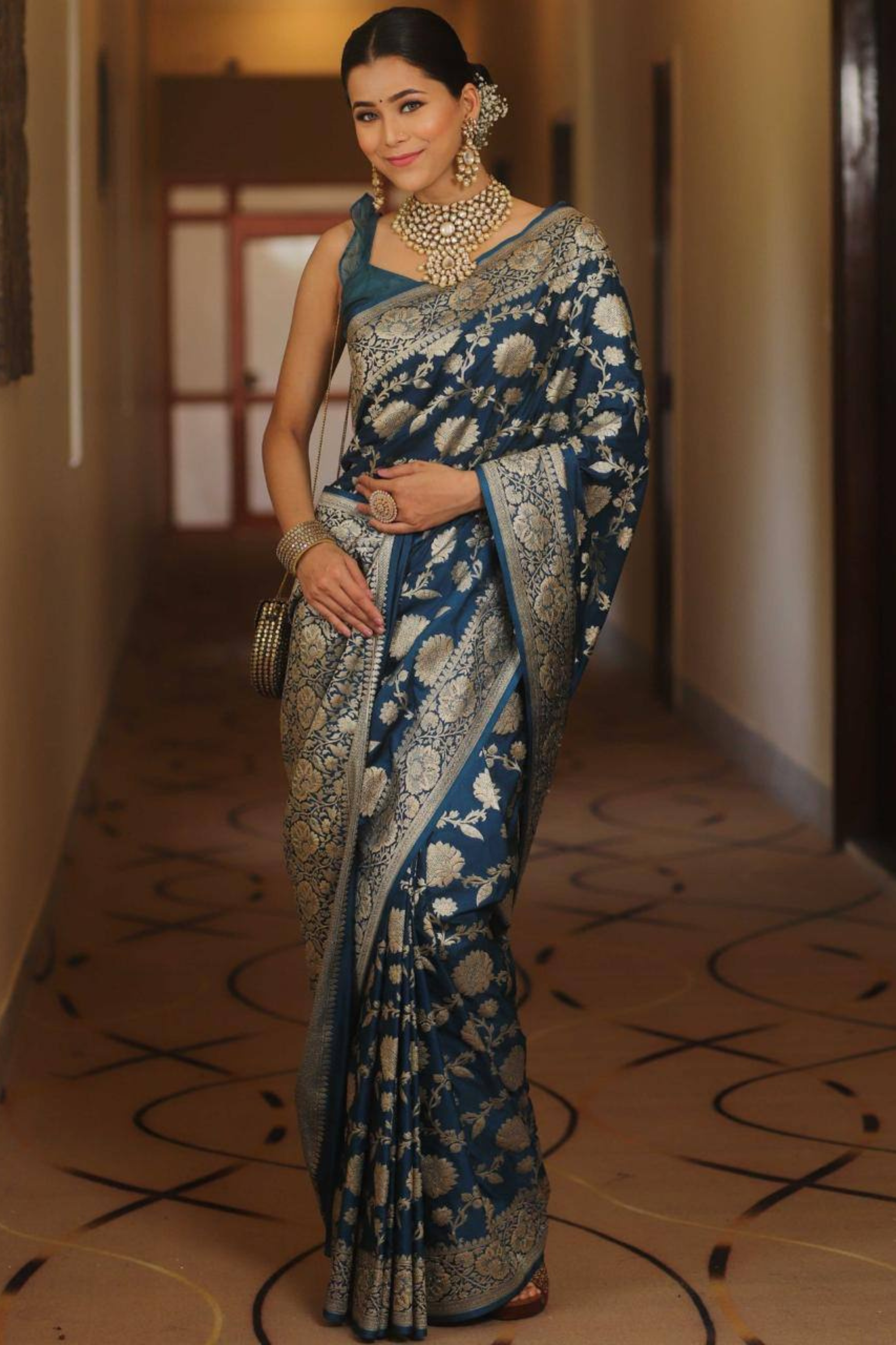 Burnished Sunbeam - Blue Lichi Soft Silk Saree