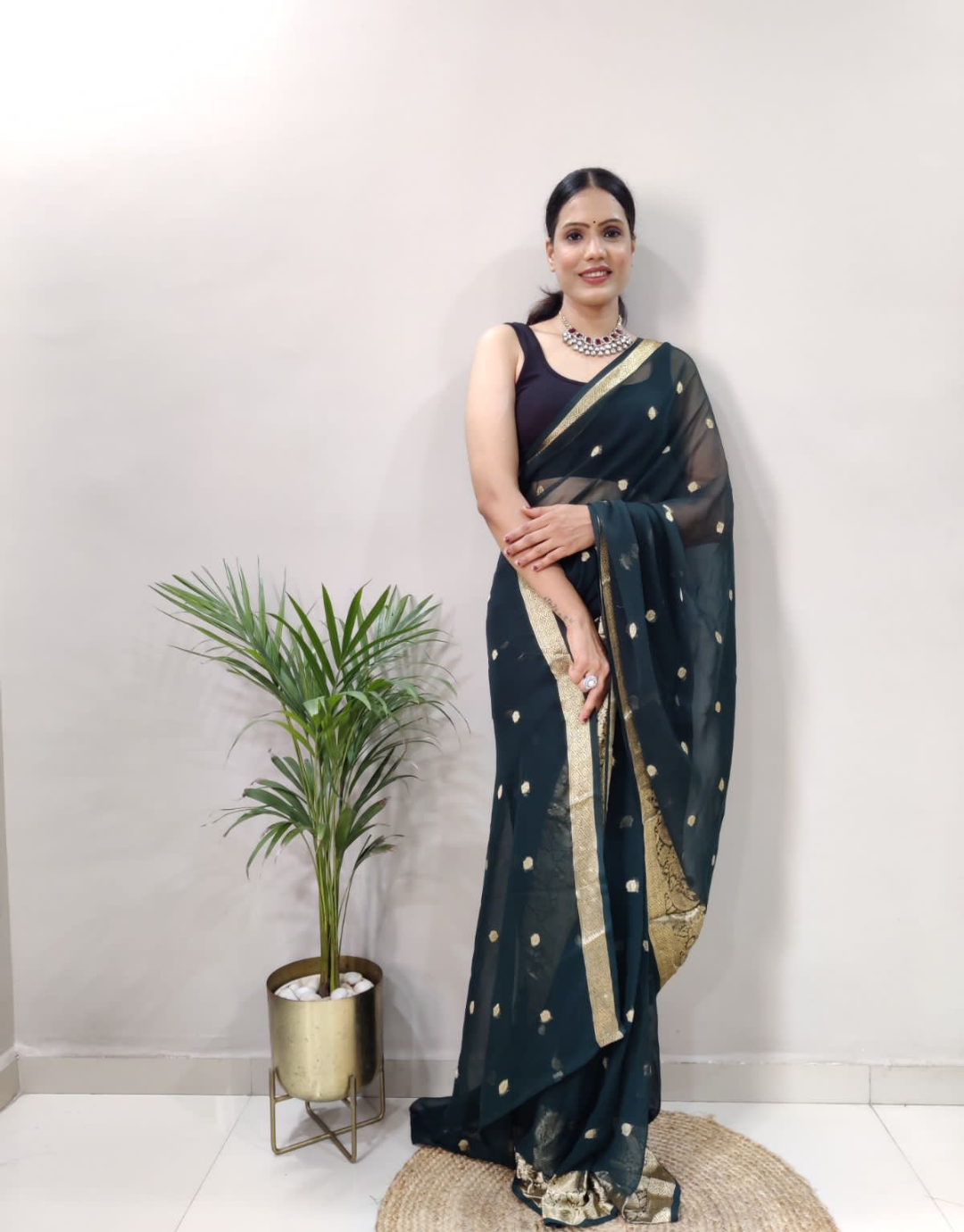 Natanshi Dark Green Soft Georgette Ready To Wear Saree