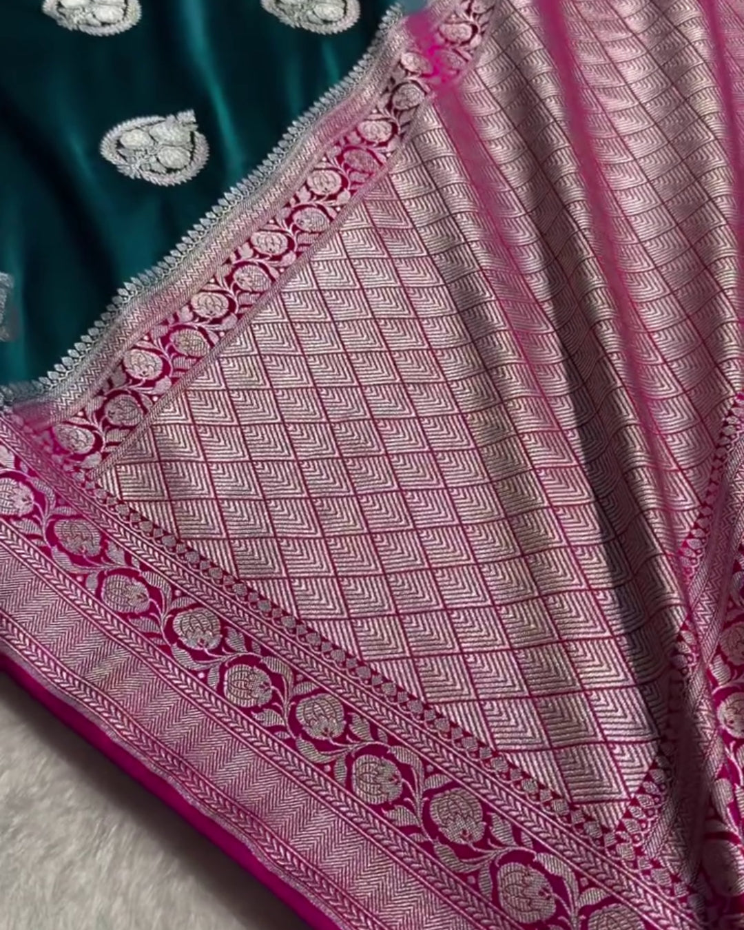 Yuvika - Regal Emerald Silver Banarasi Silk Saree