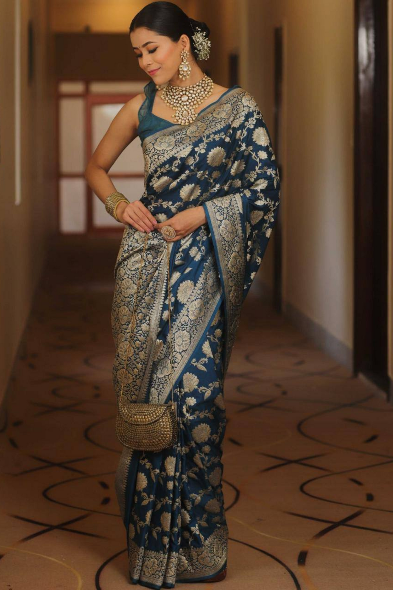 Burnished Sunbeam - Blue Lichi Soft Silk Saree