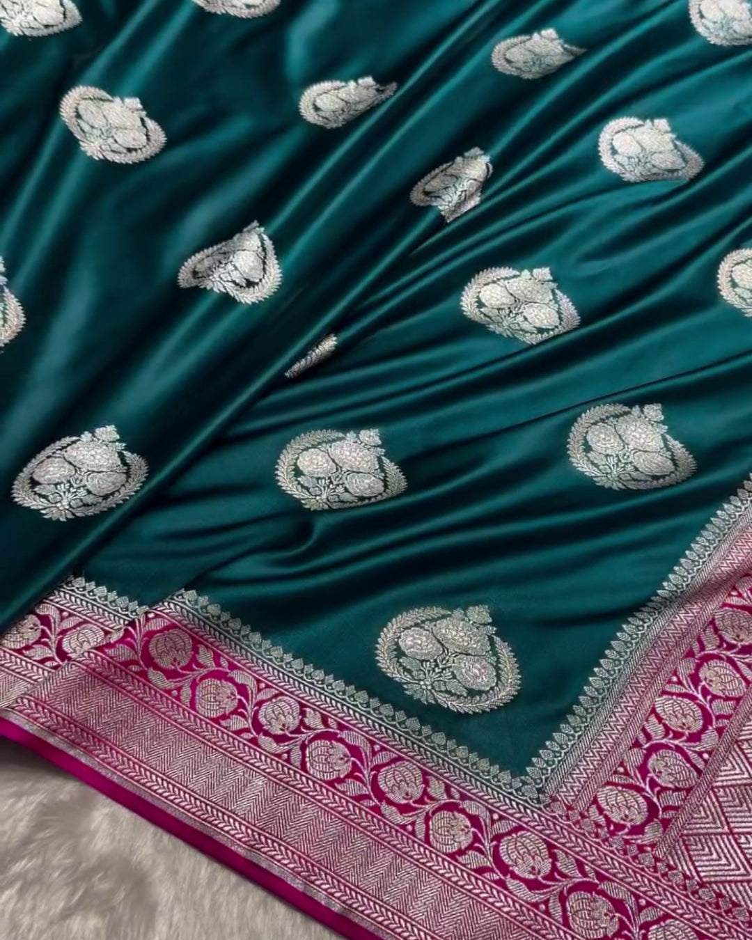 Yuvika - Regal Emerald Silver Banarasi Silk Saree