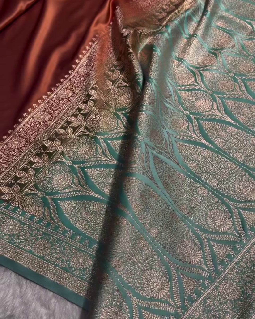 Devika - Rust Copper Teal Floral Zari Jacquard Saree