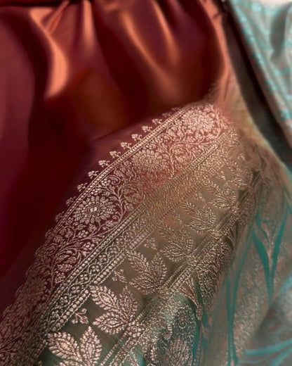 Devika - Rust Copper Teal Floral Zari Jacquard Saree