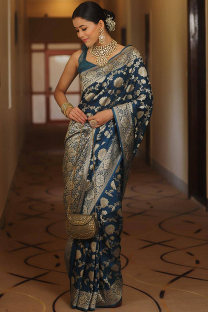 Burnished Sunbeam - Blue Lichi Soft Silk Saree