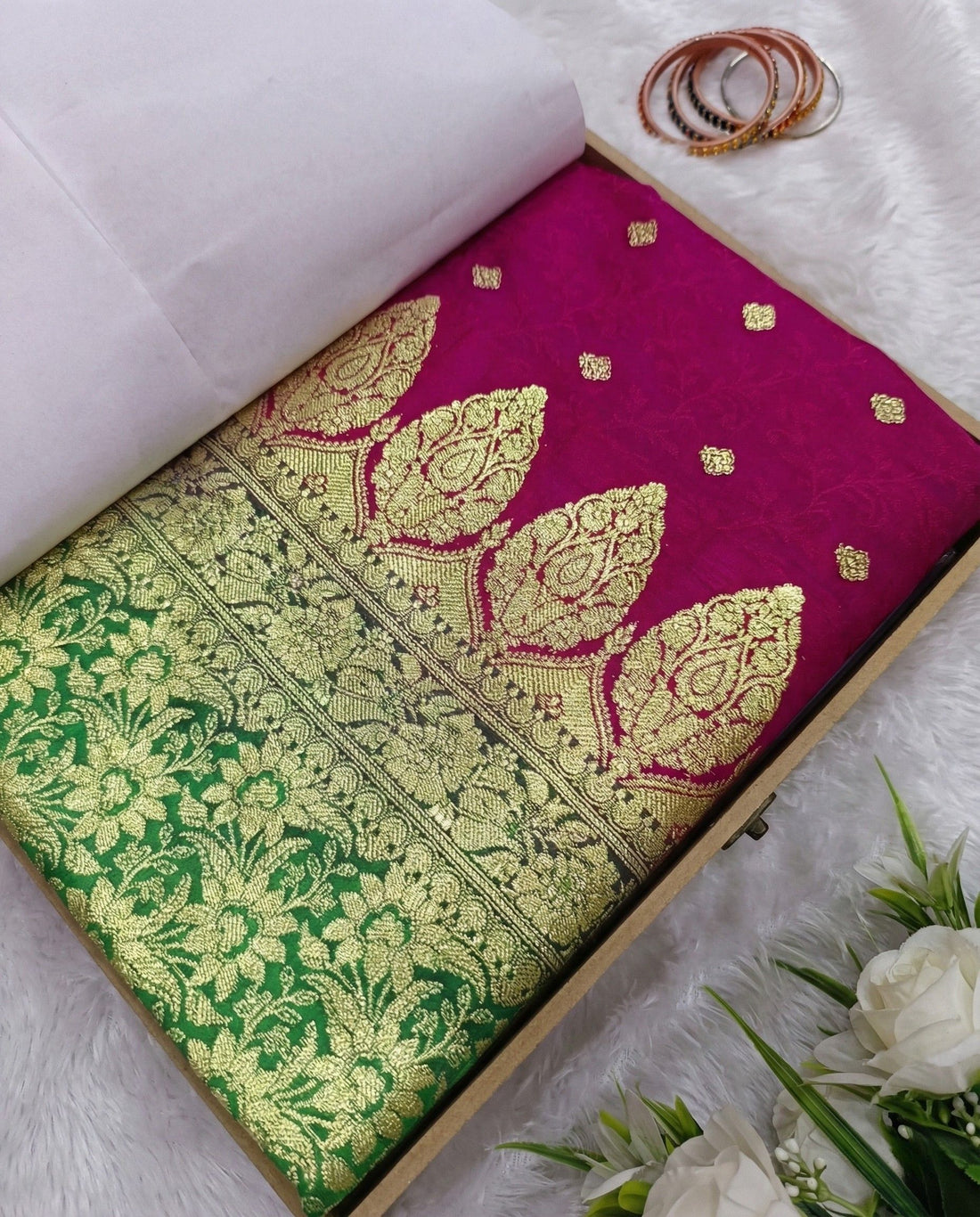 Moksha - Rani Pink Banarasi Silk Saree with Emerald Green Zari Border