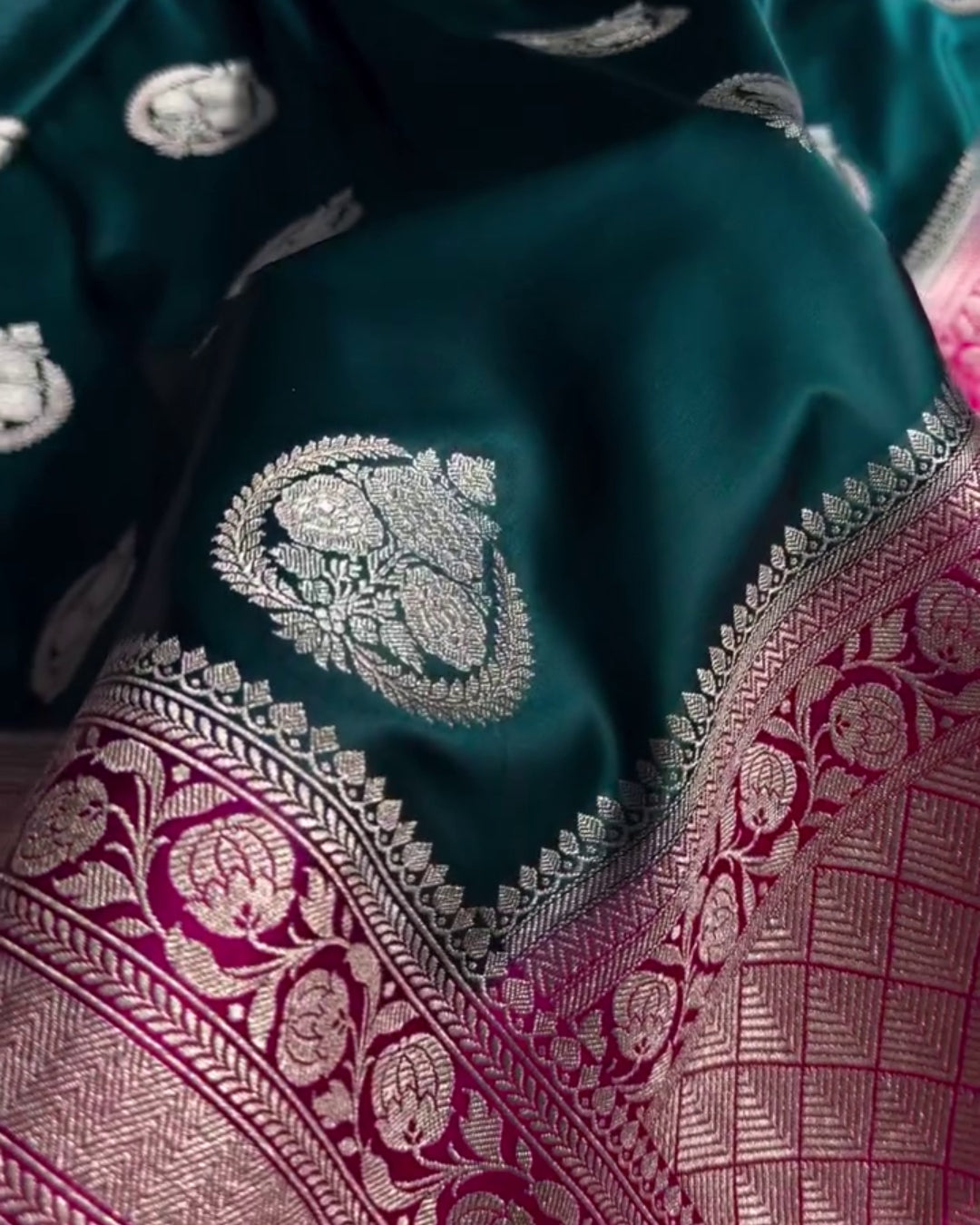 Yuvika - Regal Emerald Silver Banarasi Silk Saree