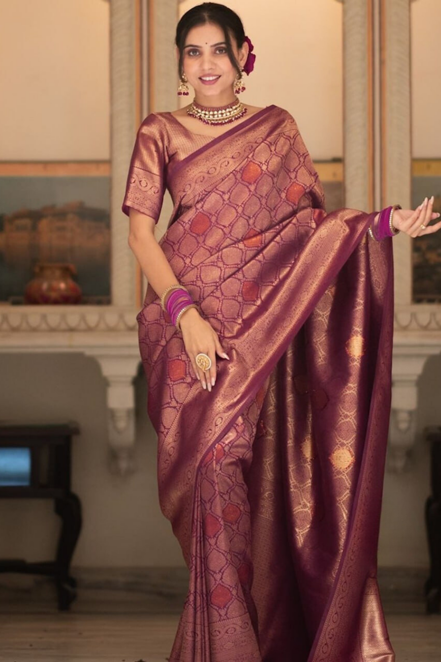 Blush Gleam - Plum - Banarasi Silk Saree