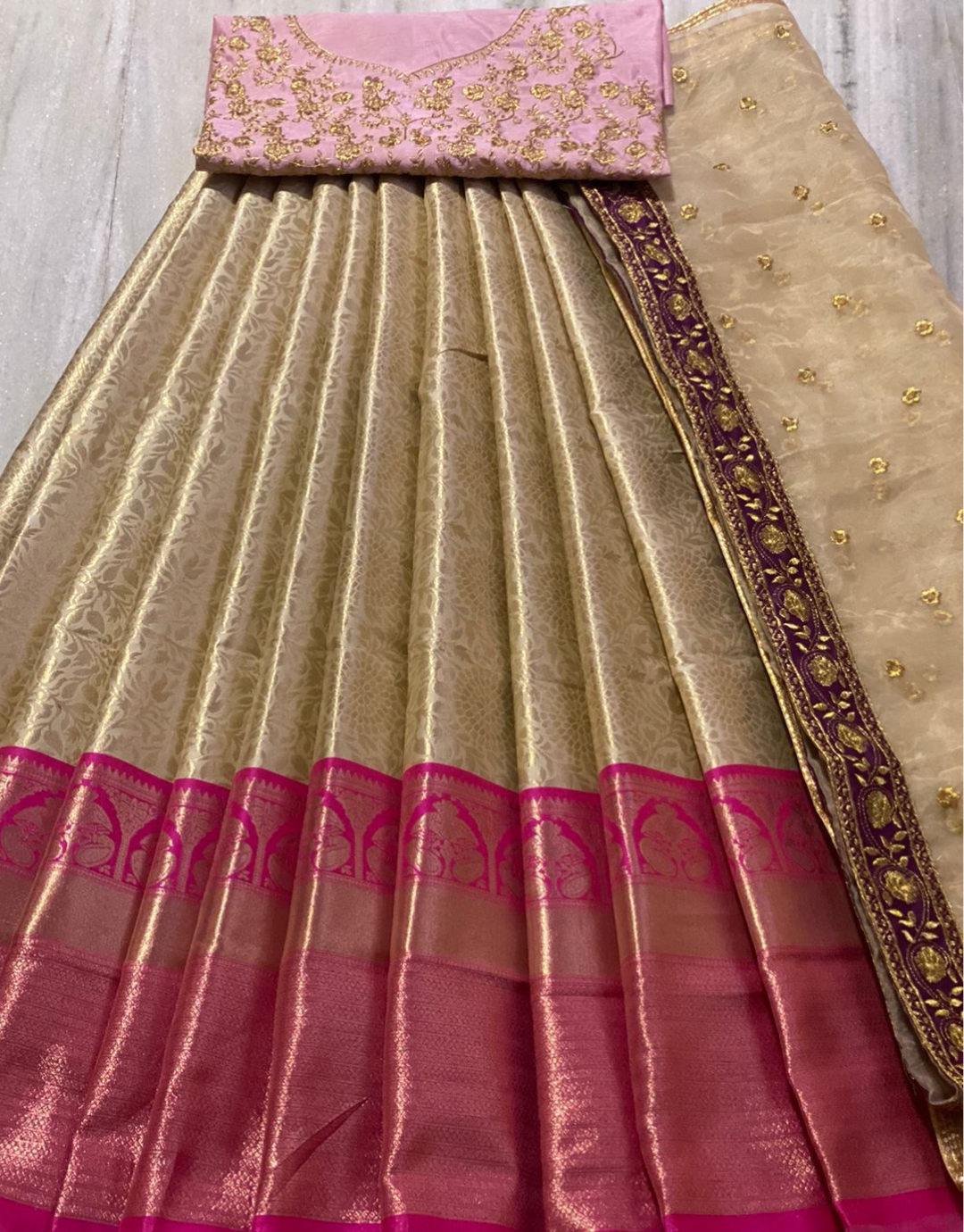 Rani Pink-Beige Kanchipuram Lehenga Choli