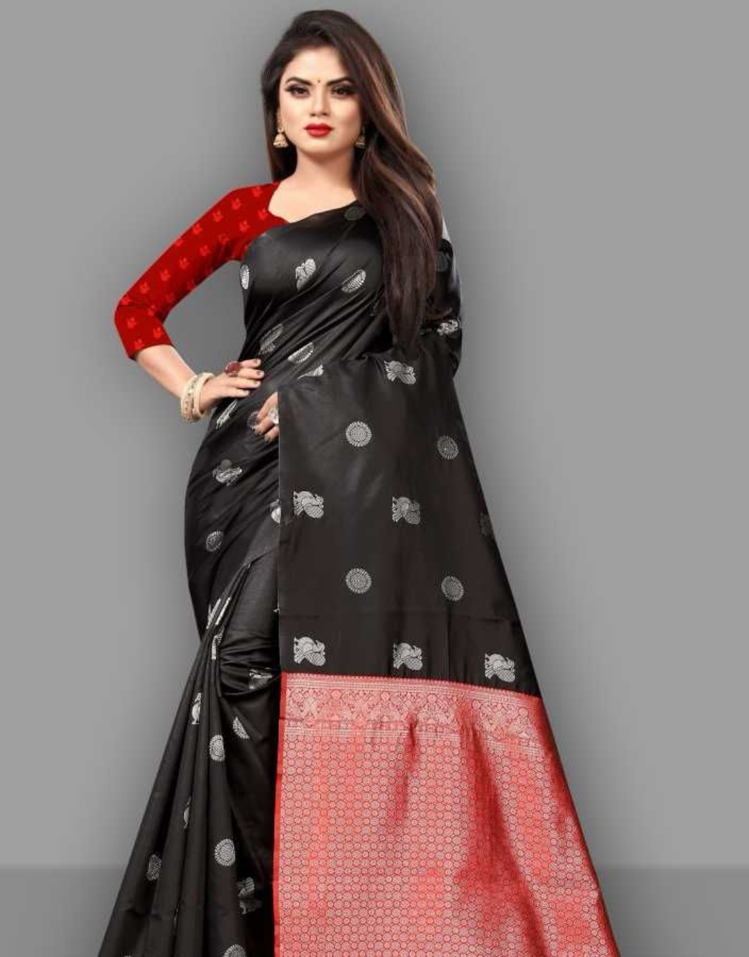 Black-Red Style Traditional Soft Silk Sari With Attached Blouse