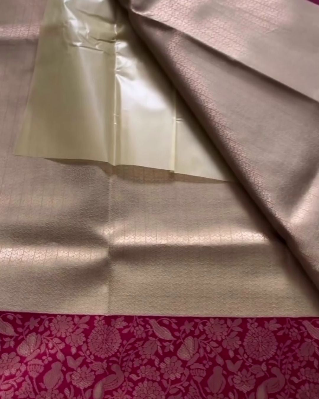 Tanaya - Gold Silk Saree with Rani Pink Brocade Border