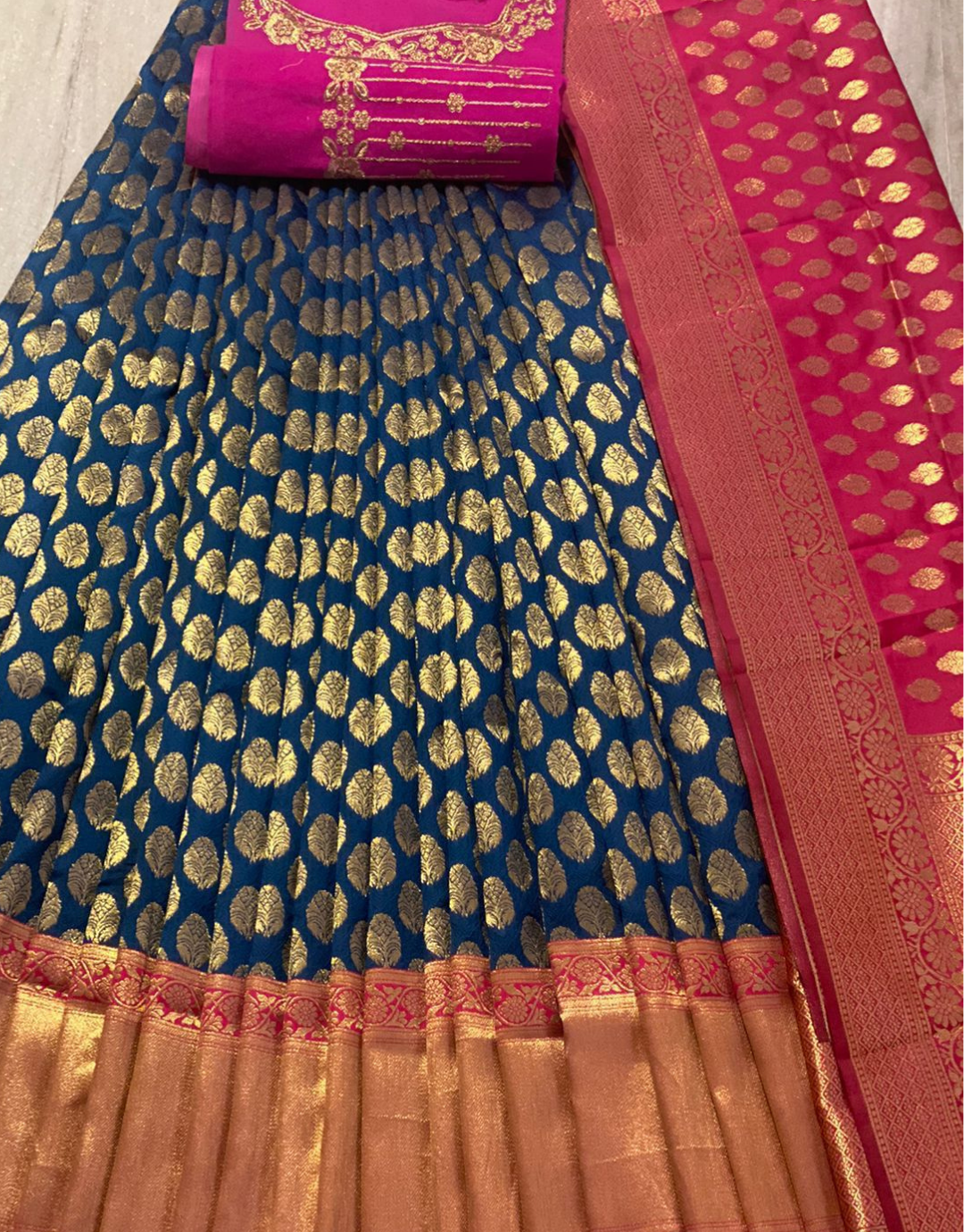 Rajvi Navy Blue -Deep Pink Kanchipuram Lehenga Choli